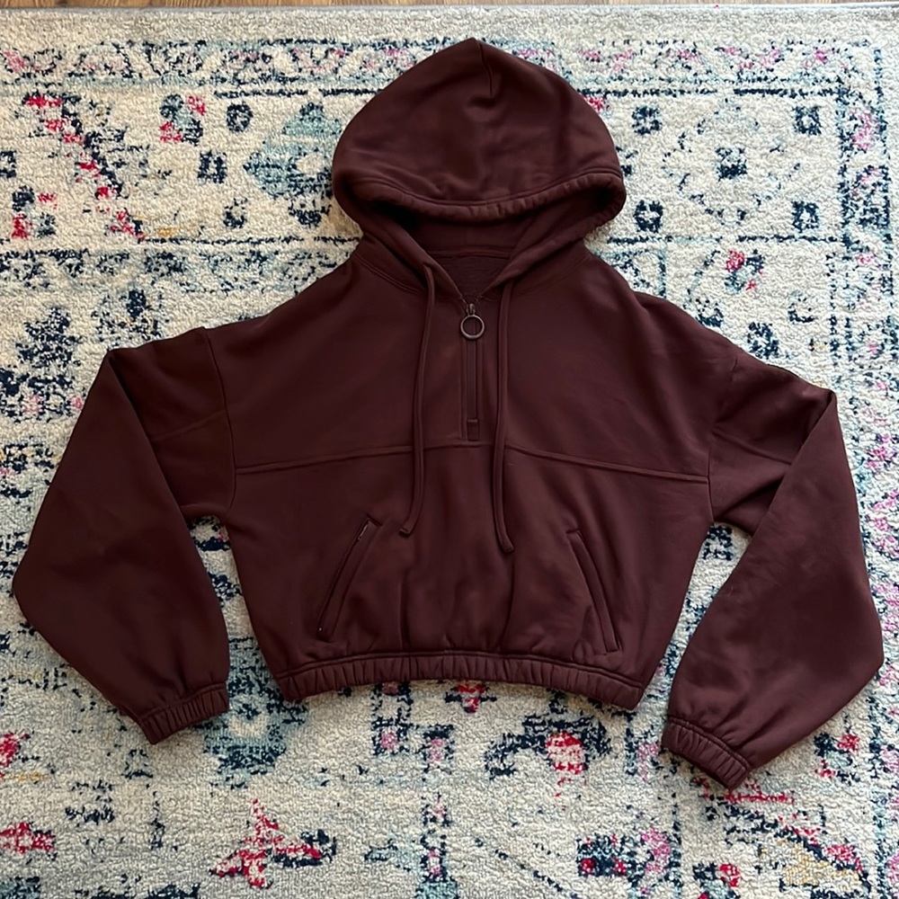 Alo Yoga Stadium Half Zip Cropped Hoodie Sz Small in color Cherry Cola